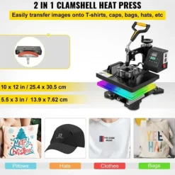 Ångpressar-Värmepressmaskin, 10x12 tum / 25x30 cm, 2IN1 Clamshell för sublimering med Teflon, digital värmekontroll, Powerpress för T-shirt och keps.