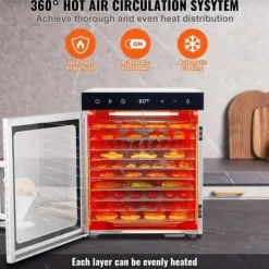 800W hushållsmattorkare med 10 brickor, LED-ljus och stort visningsfönster, 360° varmluftscirkulation, justerbar timer och temperatur