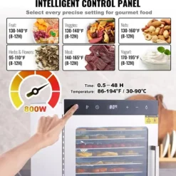 800W hushållsmattorkare med 10 brickor, LED-ljus och stort visningsfönster, 360° varmluftscirkulation, justerbar timer och temperatur