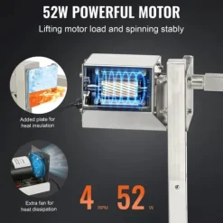 52W 4RPM 60kg lastkapacitet elektrisk spettgrill för hela djur, BBQ grill för olika typer av kött, 8 justerbara höjder, bra stabilitet