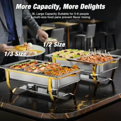 Matuppvärmare-Warmounts rektangulära guldfärgade varmhållningskärl bufféset om 2, 7,6 l styck, matvärmare i rostfritt stål med insatser i flera storlekar, hopfällbar ram | CDON