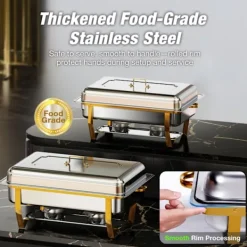 Matuppvärmare-Warmounts rektangulära guldfärgade varmhållningskärl bufféset om 2, 7,6 l styck, matvärmare i rostfritt stål med insatser i flera storlekar, hopfällbar ram | CDON