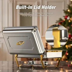 Matuppvärmare-Warmounts rektangulära guldfärgade varmhållningskärl bufféset om 2, 7,6 l styck, matvärmare i rostfritt stål med insatser i flera storlekar, hopfällbar ram | CDON