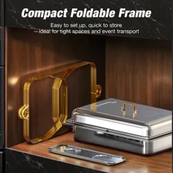 Matuppvärmare-Warmounts rektangulära guldfärgade varmhållningskärl bufféset om 2, 7,6 l styck, matvärmare i rostfritt stål med insatser i flera storlekar, hopfällbar ram | CDON