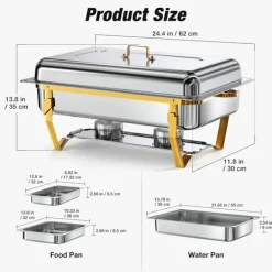 Matuppvärmare-Warmounts rektangulära guldfärgade varmhållningskärl bufféset om 2, 7,6 l styck, matvärmare i rostfritt stål med insatser i flera storlekar, hopfällbar ram | CDON