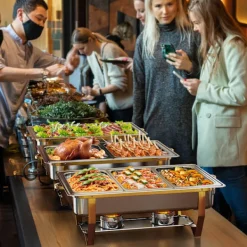 Matuppvärmare-Warmounts rektangulära guldfärgade varmhållningskärl bufféset om 4, 7,6 l styck, matvärmare i rostfritt stål med insatser i flera storlekar, hopfällbar ram | CDON