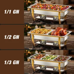 Matuppvärmare-Warmounts rektangulära guldfärgade varmhållningskärl bufféset om 4, 7,6 l styck, matvärmare i rostfritt stål med insatser i flera storlekar, hopfällbar ram | CDON