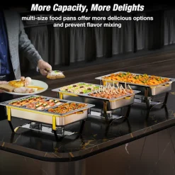 Matuppvärmare-Warmounts rektangulära guldfärgade varmhållningskärl bufféset om 4, 7,6 l styck, matvärmare i rostfritt stål med insatser i flera storlekar, hopfällbar ram | CDON