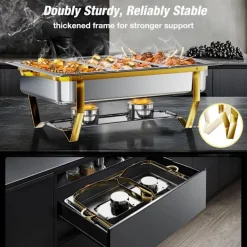 Matuppvärmare-Warmounts rektangulära guldfärgade varmhållningskärl bufféset om 4, 7,6 l styck, matvärmare i rostfritt stål med insatser i flera storlekar, hopfällbar ram | CDON