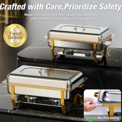 Matuppvärmare-Warmounts rektangulära guldfärgade varmhållningskärl bufféset om 4, 7,6 l styck, matvärmare i rostfritt stål med insatser i flera storlekar, hopfällbar ram | CDON