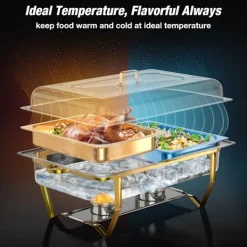 Matuppvärmare-Warmounts rektangulära guldfärgade varmhållningskärl bufféset om 4, 7,6 l styck, matvärmare i rostfritt stål med insatser i flera storlekar, hopfällbar ram | CDON