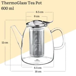 WILMAX Tekanna Glas 600 ml – Värmebeständig Tebryggare med Rostfritt Stål Filter | Thermo Glass