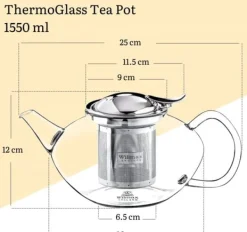 Wilmax Tekanna i glas 1 550 ml – tebryggare med avtagbart filter och lock i rostfritt stål | droppfri, värmetålig, diskmaskinssäker