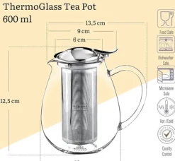 Wilmax tekanna i glas 600 ml med stålfilter, spissäker