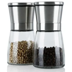 2x Pepparkvarn kryddkvarnar i SILVER 2x Handkvarn av glas och rostfritt stål för köket, perfekt för att mala och krossa peppar, salt, kryddor och