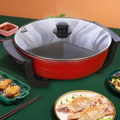 Elektriska Stekpannor & Wokar-Yuanyang Hot Pot - Elektrisk hotpot-gryta - 6 L - 1300 W - Delad 2 smaker - Rostfritt stål - Röd