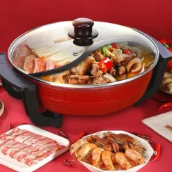 Elektriska Stekpannor & Wokar-Yuanyang Hot Pot - Elektrisk hotpot-gryta - 6 L - 1300 W - Delad 2 smaker - Rostfritt stål - Röd