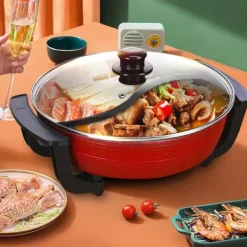 Elektriska Stekpannor & Wokar-Yuanyang Hot Pot - Elektrisk hotpot-gryta - 6 L - 1300 W - Delad 2 smaker - Rostfritt stål - Röd