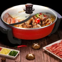 Elektriska Stekpannor & Wokar-Yuanyang Hot Pot - Elektrisk hotpot-gryta - 6 L - 1300 W - Delad 2 smaker - Rostfritt stål - Röd